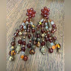 Vintage Chipita by Joan Eagle Beaded Flower Statement Dangle Earrings (Clip on)